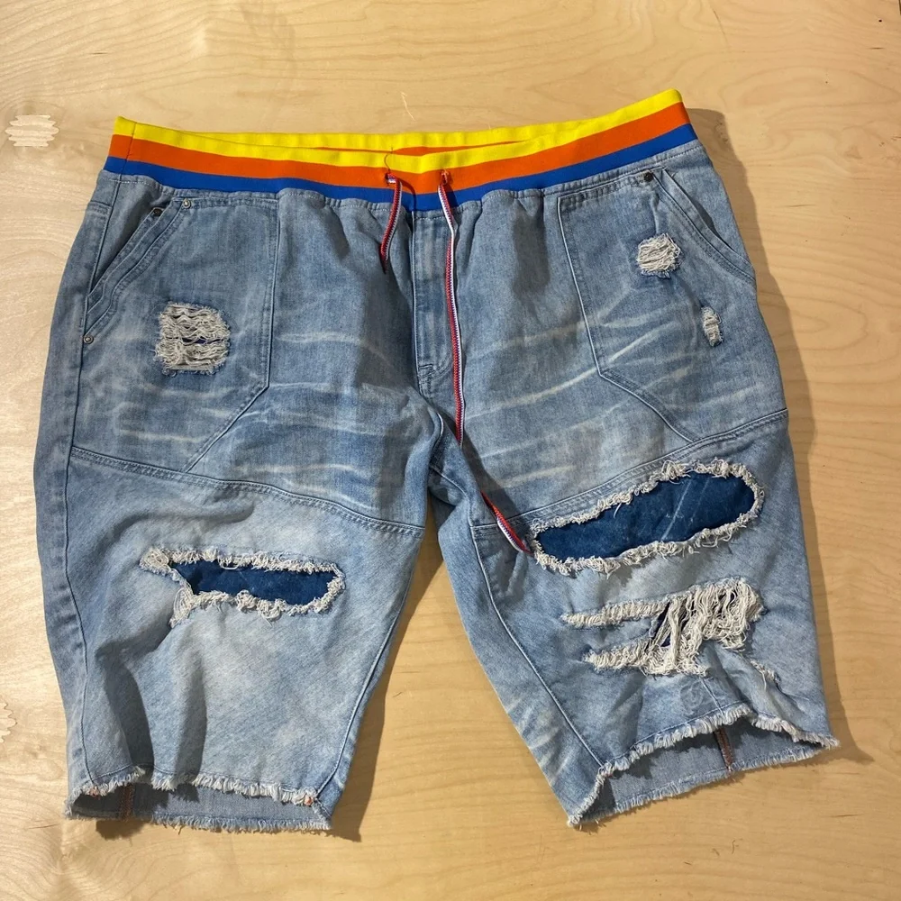 Born Fly Stylish Distressed Denim Shorts with Colorful Waistband 46 (OV) - Picture 2 of 10
